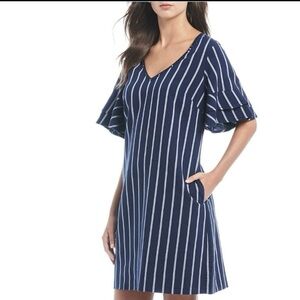 Tommy‎ Bahama Navy White Vista Stripe Flutter Sleeve Dress Size Medium